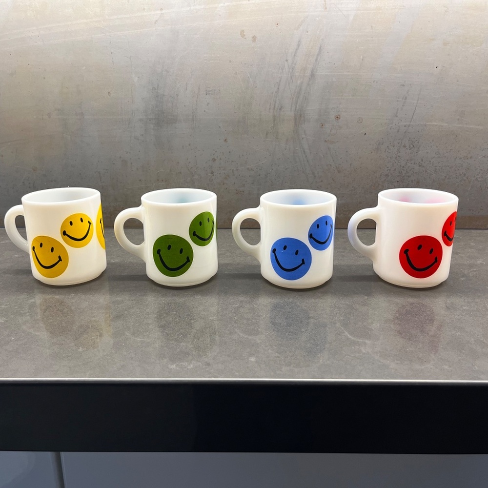 Vintage YELLOW Smiley Face Milk Glass Mug